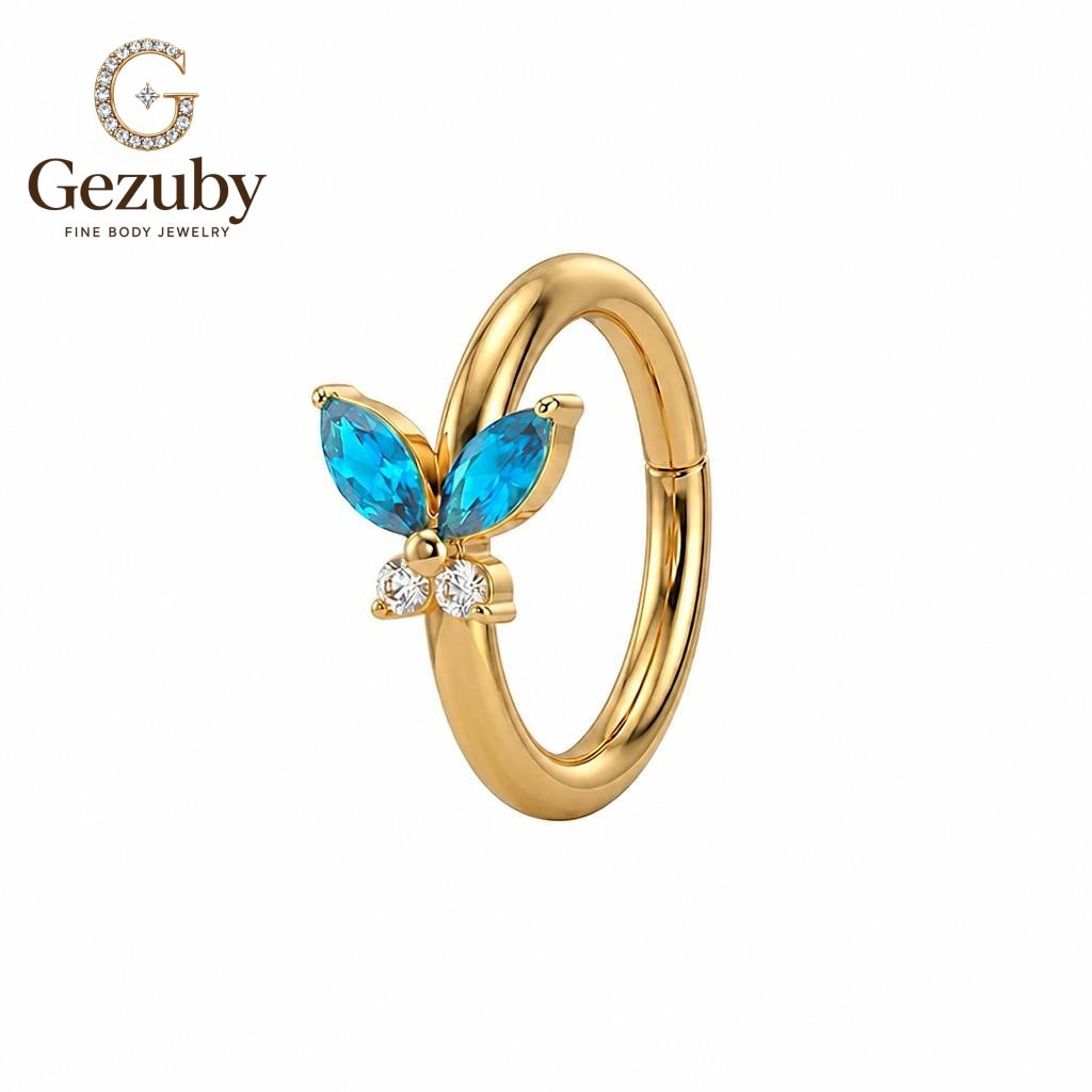 ASTM F136 Titanium Butterfly Clicker Hoop Ring Blue CZ Azure Body Jewelry Gold Silver Orbital Lobe
