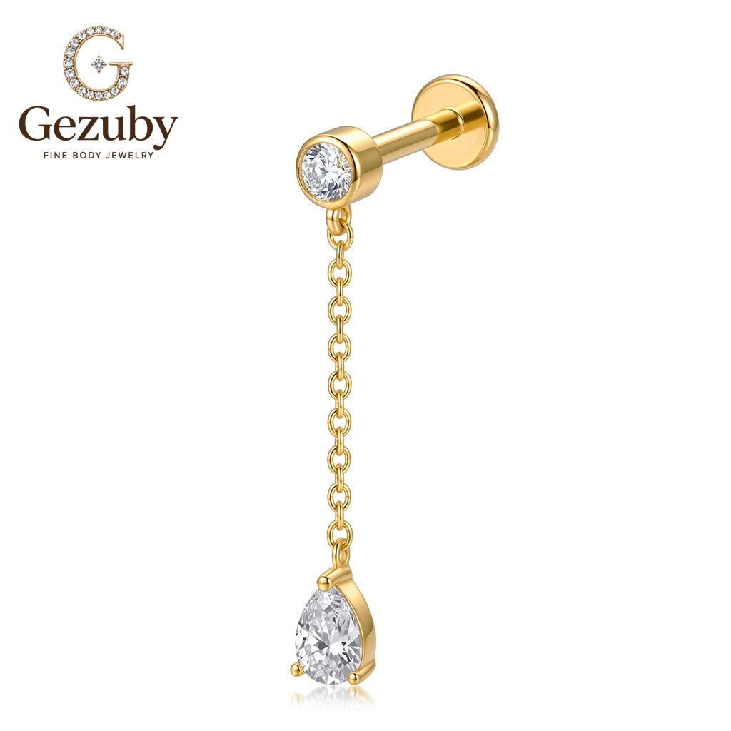 ASTM F136 Titanium Bezel CZ Chain Teardrop Dangle Labret Stud Tassel Internally Threaded Body Piercing Gold Silver Lobe