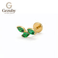 ASTM F136 Titanium Internally Threaded Labret Stud Emerald Green CZ Marquise Trio Leaf Branch Cartilage Earring Hypoallergenic Gold Silver Helix Conch Tragus
