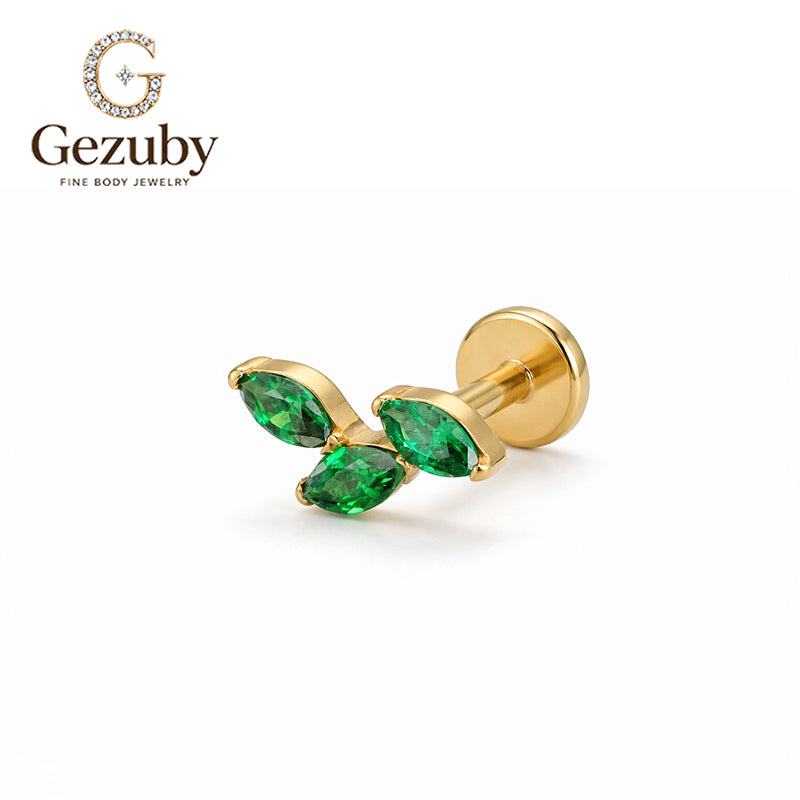 ASTM F136 Titanium Internally Threaded Labret Stud Emerald Green CZ Marquise Trio Leaf Branch Cartilage Earring Hypoallergenic Gold Silver Helix Conch Tragus