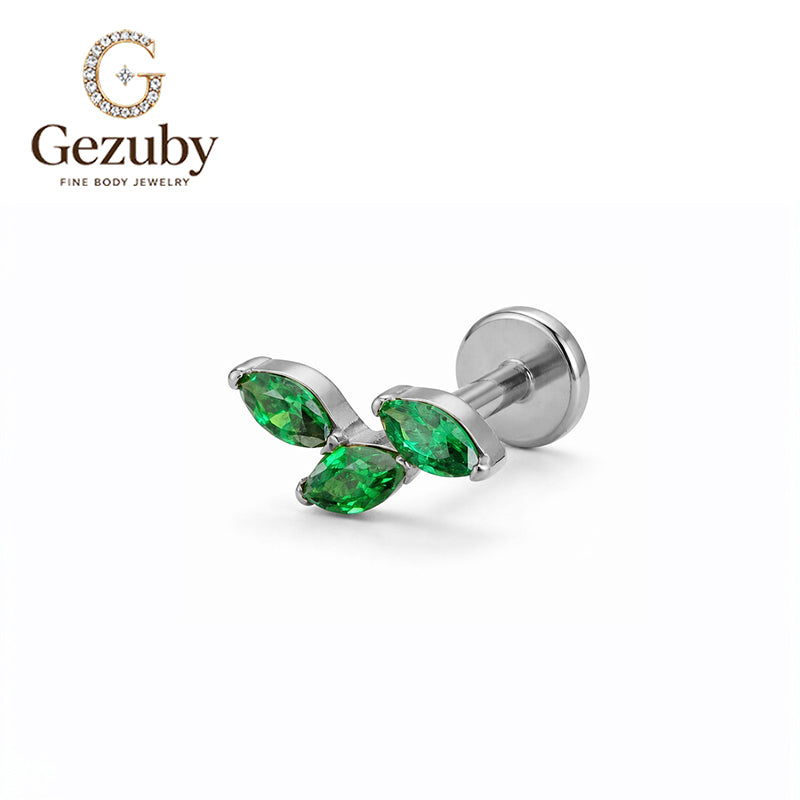 ASTM F136 Titanium Internally Threaded Labret Stud Emerald Green CZ Marquise Trio Leaf Branch Cartilage Earring Hypoallergenic Gold Silver Helix Conch Tragus