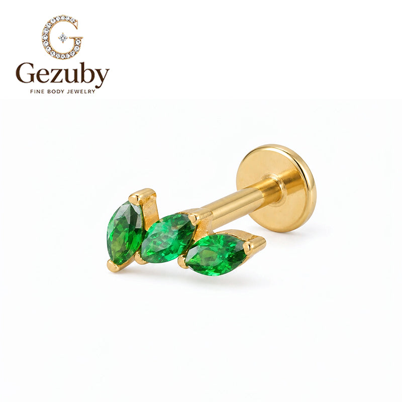 ASTM F136 Titanium Internally Threaded Labret Stud Emerald Green CZ Marquise Curved Leaf Arc Cartilage Earring Hypoallergenic Gold Silver Helix Conch