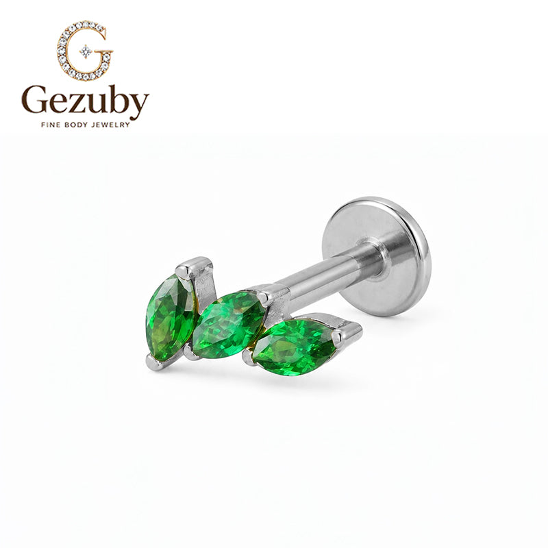 ASTM F136 Titanium Internally Threaded Labret Stud Emerald Green CZ Marquise Curved Leaf Arc Cartilage Earring Hypoallergenic Gold Silver Helix Conch
