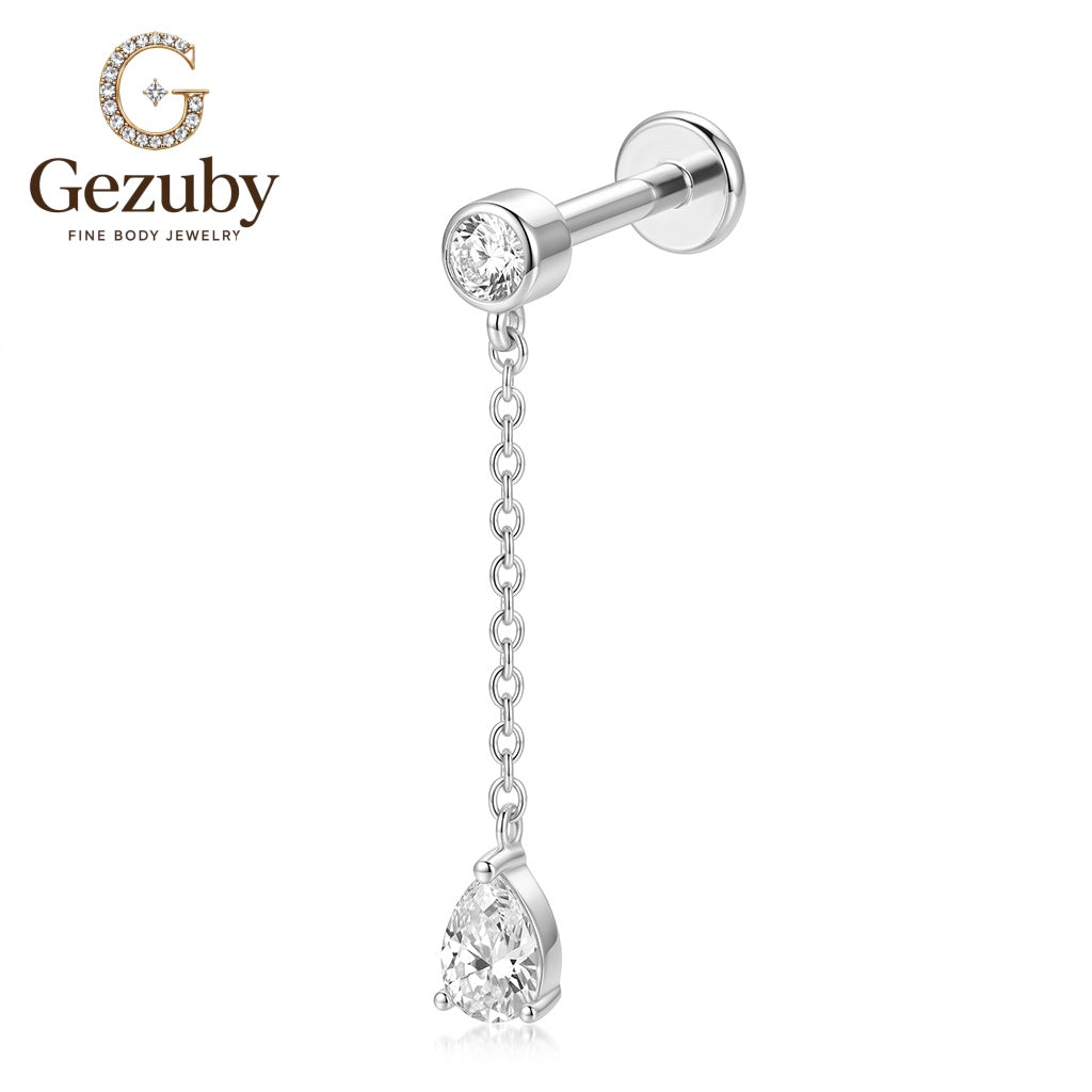 ASTM F136 Titanium Bezel CZ Chain Teardrop Dangle Labret Stud Tassel Internally Threaded Body Piercing Gold Silver Lobe