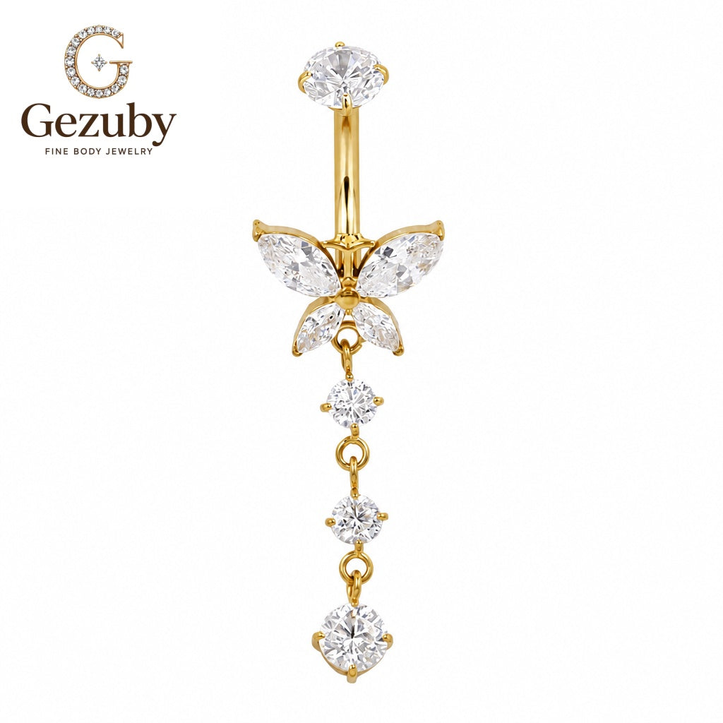 ASTM F136 Titanium Butterfly Curved Barbell Clear CZ Dangle Internally Threaded Body Jewelry Gold Silver Navel