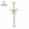ASTM F136 Titanium Butterfly Curved Barbell Clear CZ Dangle Internally Threaded Body Jewelry Gold Silver Navel