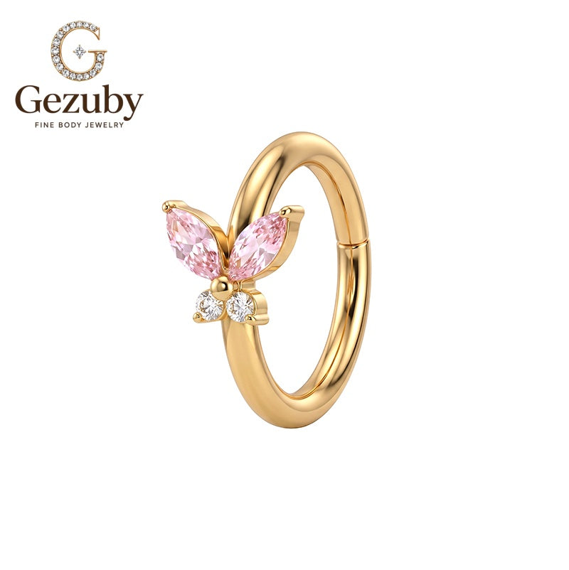 ASTM-F136 Titanium Butterfly Clicker Hoop Ring Pink CZ Soar Body Jewelry Gold Daith Stack
