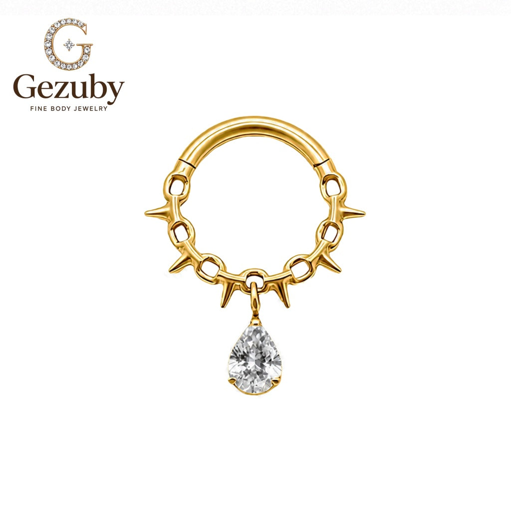 ASTM F136 Titanium Spiked Clicker Hoop Ring Teardrop CZ Crystal Dangle Wild Body Jewelry Gold Silver Rook Tragus