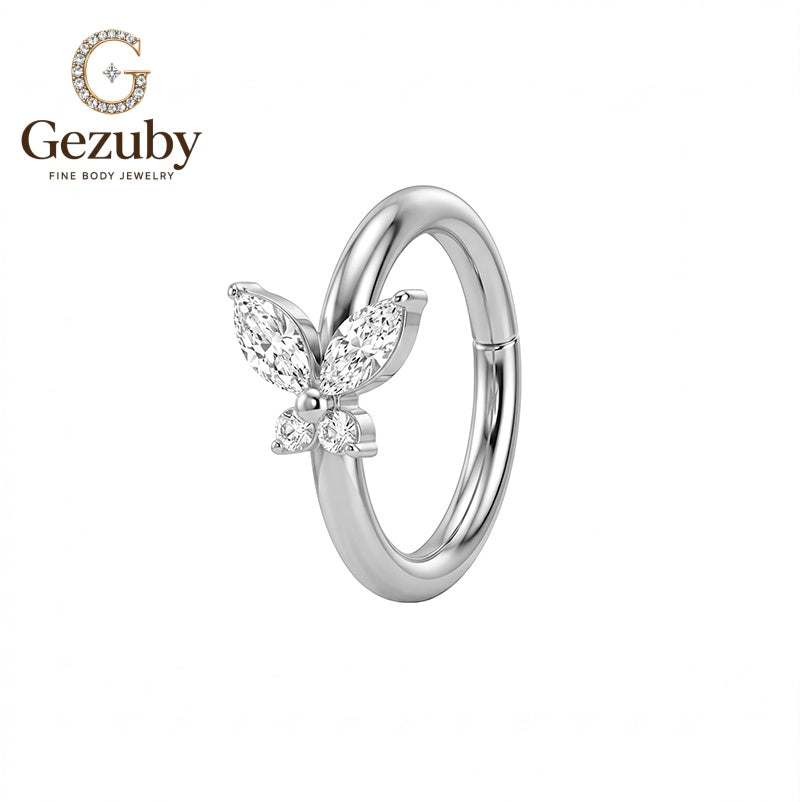 ASTM-F136 Titanium Butterfly Clicker Hoop Ring Clear CZ Prism Body Jewelry Gold Silver Auricle Rook