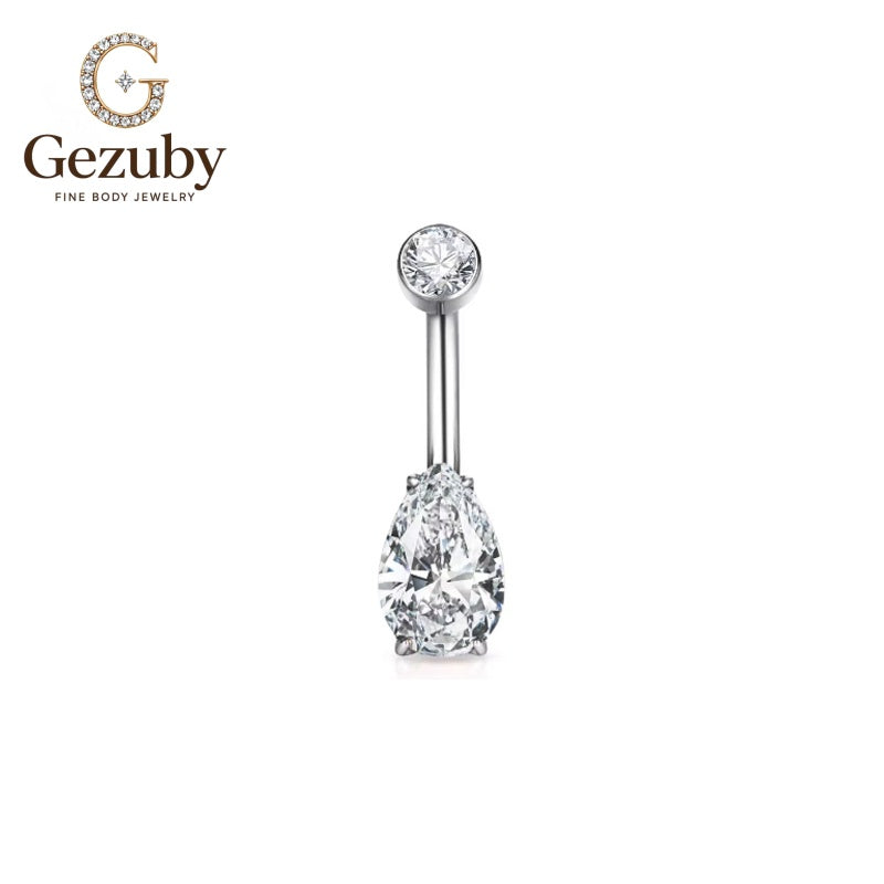 ASTM F136 Titanium Curved Barbell Clear Teardrop CZ Glacier Body Jewelry Silver Internally Threaded Belly Button