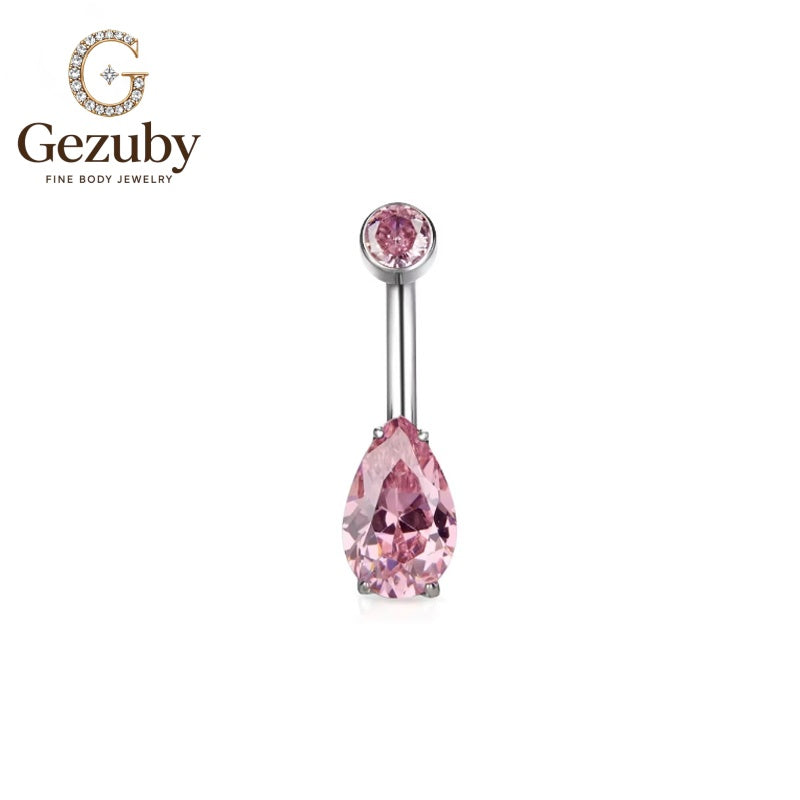 ASTM F136 Titanium Curved Barbell Pink Teardrop CZ Rose Internally Threaded Body Jewelry Silver Belly Ring