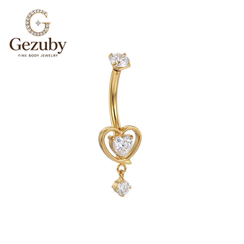 ASTM F136 Titanium Internally Threaded Belly Button Ring Heart CZ Dangle Curved Navel Barbell Piercing Jewelry Hypoallergenic Gold Silver