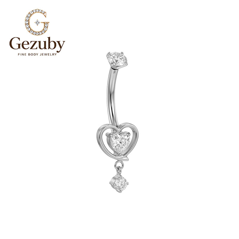 ASTM F136 Titanium Internally Threaded Belly Button Ring Heart CZ Dangle Curved Navel Barbell Piercing Jewelry Hypoallergenic Gold Silver