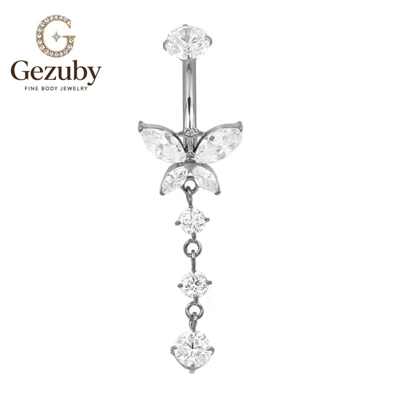 ASTM F136 Titanium Butterfly Curved Barbell Clear CZ Dangle Internally Threaded Body Jewelry Gold Silver Navel