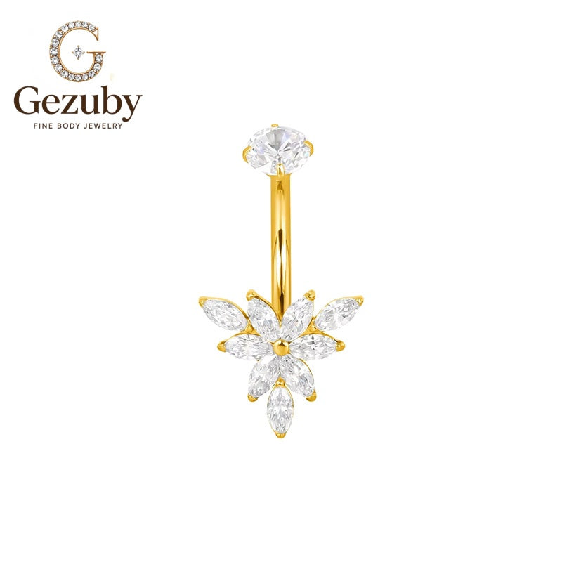 ASTM F136 Titanium Floral Curved Barbell CZ Dangle Sunburst Internally Threaded Body Jewelry Gold Silver Belly