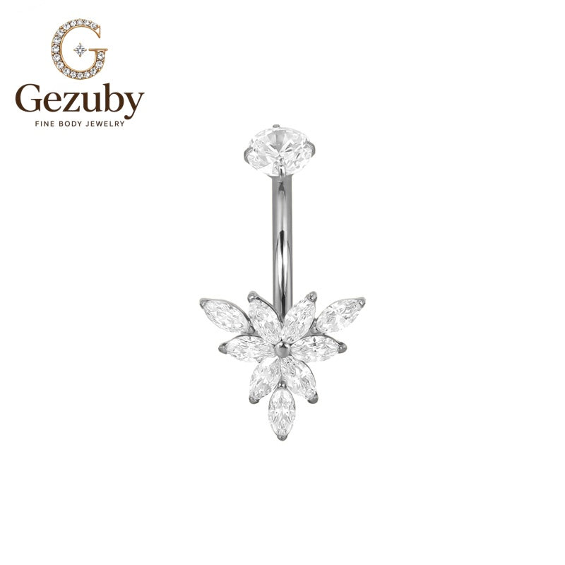 ASTM F136 Titanium Floral Curved Barbell CZ Dangle Sunburst Internally Threaded Body Jewelry Gold Silver Belly