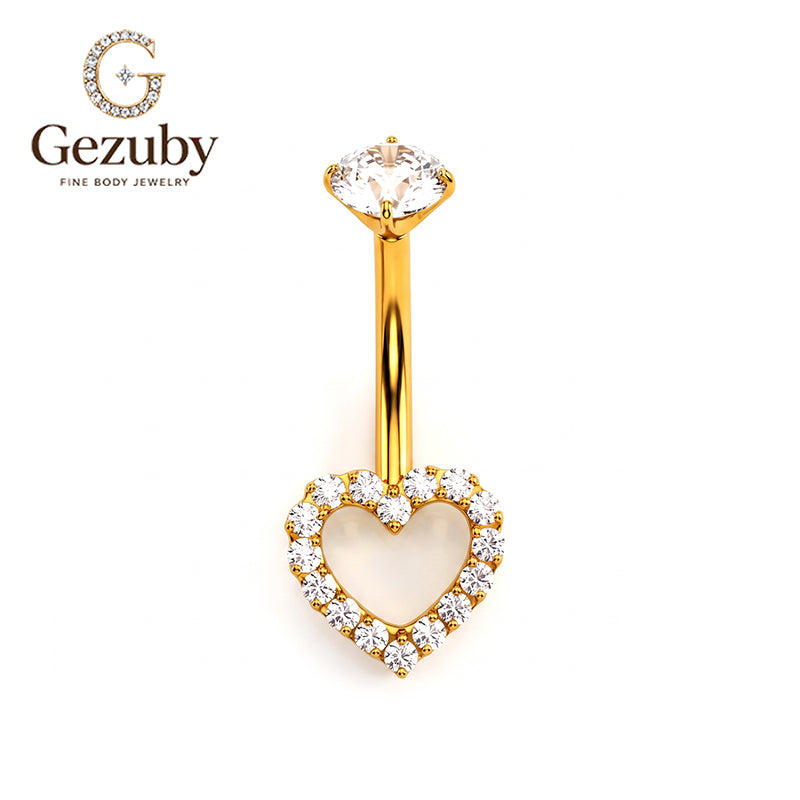 ASTM F136 Titanium Internally Threaded Belly Button Ring White Shell Heart Pave CZ Halo Navel Barbell Piercing Jewelry Hypoallergenic Gold Silver