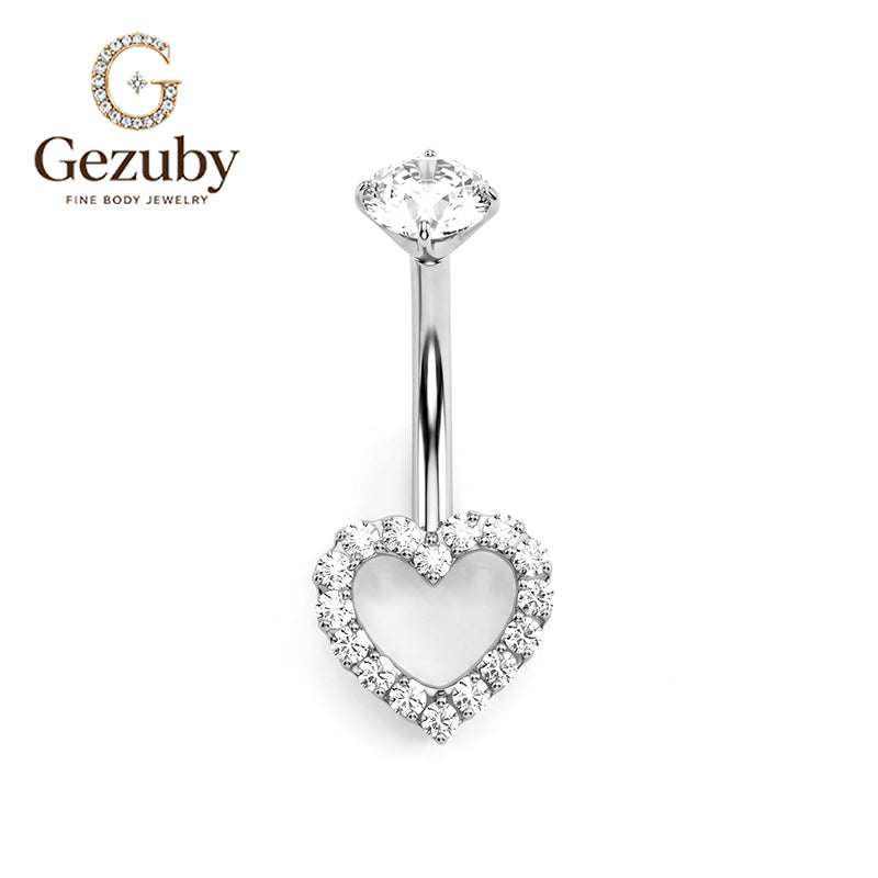 ASTM F136 Titanium Internally Threaded Belly Button Ring White Shell Heart Pave CZ Halo Navel Barbell Piercing Jewelry Hypoallergenic Gold Silver