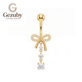 ASTM F136 Titanium Internally Threaded Belly Button Ring Clear CZ Pave Ribbon Bowknot Dangle Navel Barbell Piercing Jewelry Hypoallergenic Gold Silver