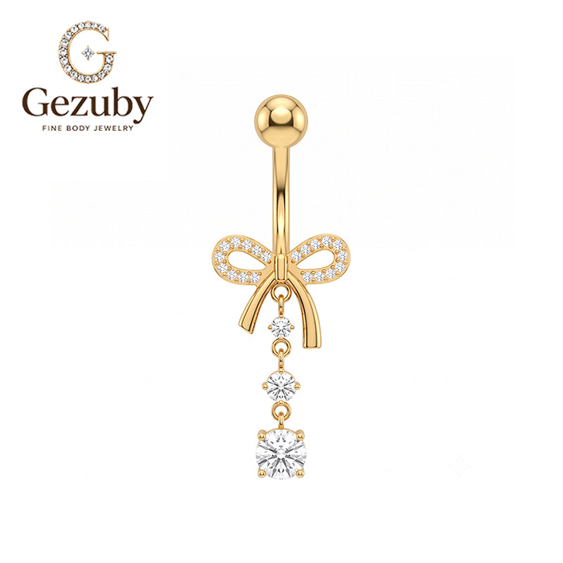 ASTM F136 Titanium Internally Threaded Belly Button Ring Clear CZ Pave Ribbon Bowknot Dangle Navel Barbell Piercing Jewelry Hypoallergenic Gold Silver