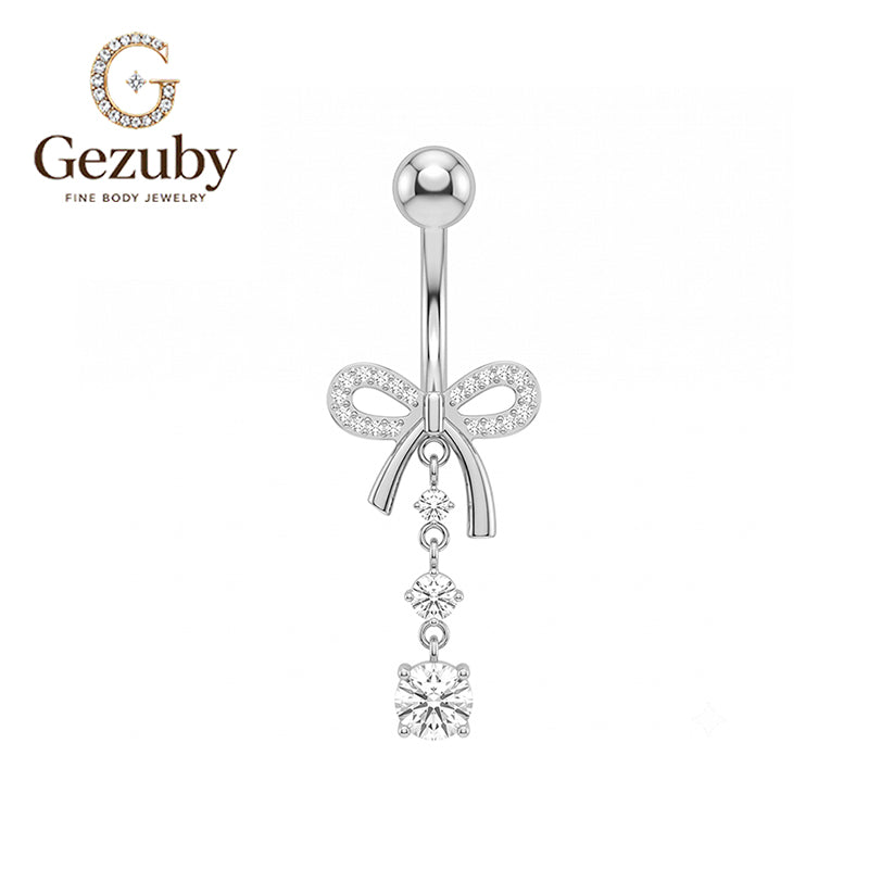 ASTM F136 Titanium Internally Threaded Belly Button Ring Clear CZ Pave Ribbon Bowknot Dangle Navel Barbell Piercing Jewelry Hypoallergenic Gold Silver