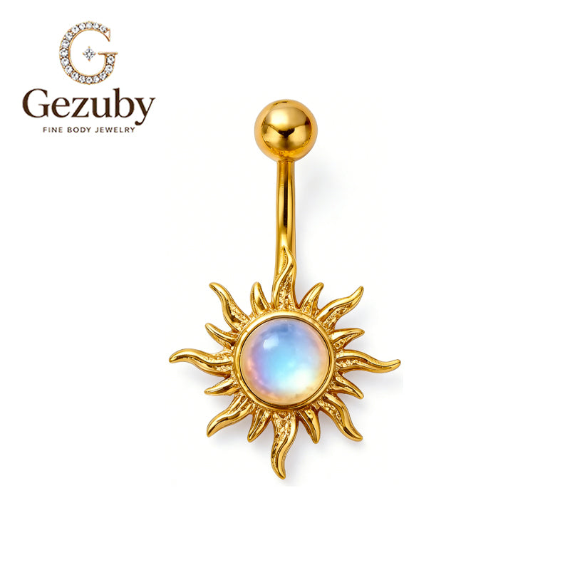 ASTM F136 Titanium Internally Threaded Belly Button Ring Iridescent Moonstone Celestial Sunburst Navel Barbell Hypoallergenic Gold Silver