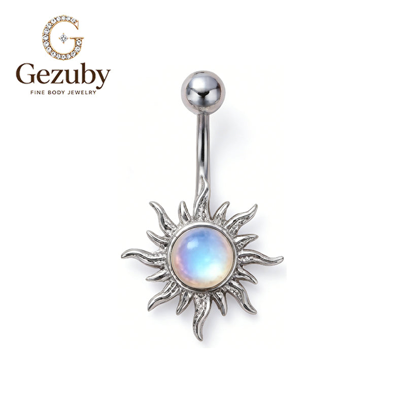 ASTM F136 Titanium Internally Threaded Belly Button Ring Iridescent Moonstone Celestial Sunburst Navel Barbell Hypoallergenic Gold Silver