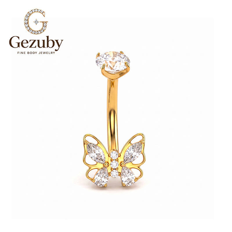 ASTM F136 Titanium Internally Threaded Belly Button Ring Clear CZ Marquise Butterfly Navel Barbell Piercing Jewelry Hypoallergenic Gold Silver