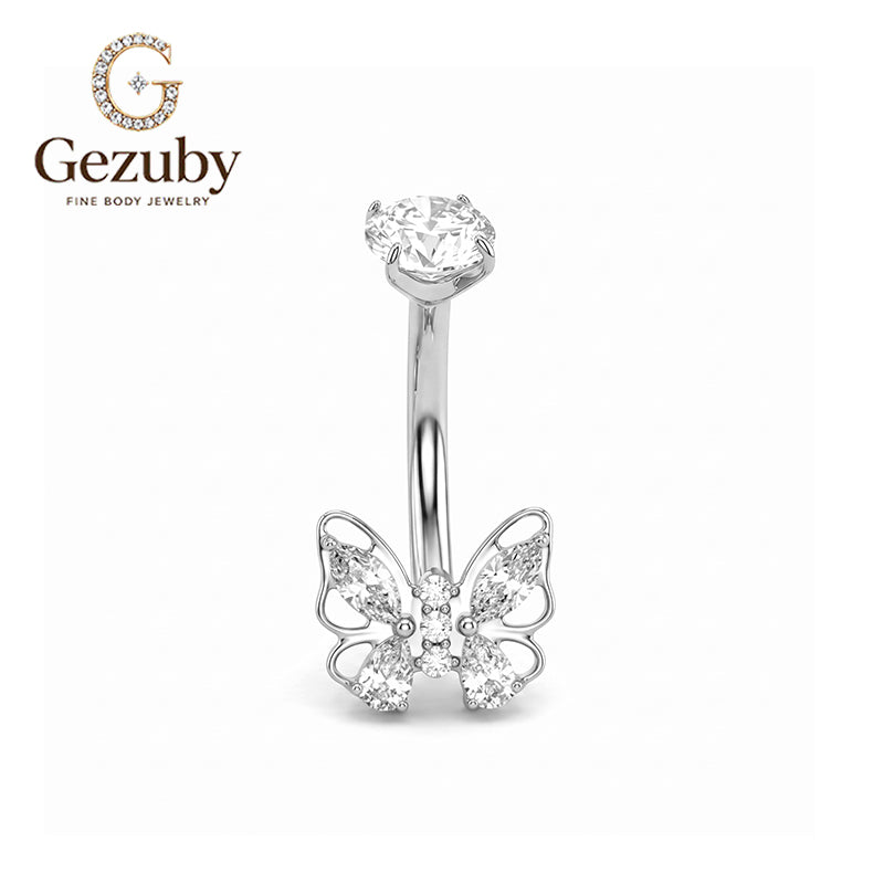 ASTM F136 Titanium Internally Threaded Belly Button Ring Clear CZ Marquise Butterfly Navel Barbell Piercing Jewelry Hypoallergenic Gold Silver