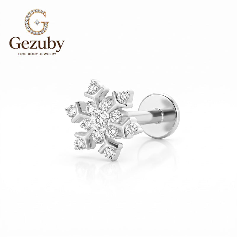 ASTM F136 Titanium Internally Threaded Labret Stud Clear CZ Pave Winter Snowflake Cartilage Earring Hypoallergenic Gold Silver Helix Conch Tragus