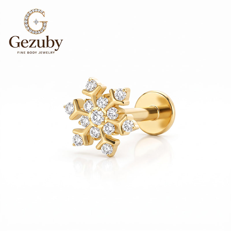 ASTM F136 Titanium Internally Threaded Labret Stud Clear CZ Pave Winter Snowflake Cartilage Earring Hypoallergenic Gold Silver Helix Conch Tragus