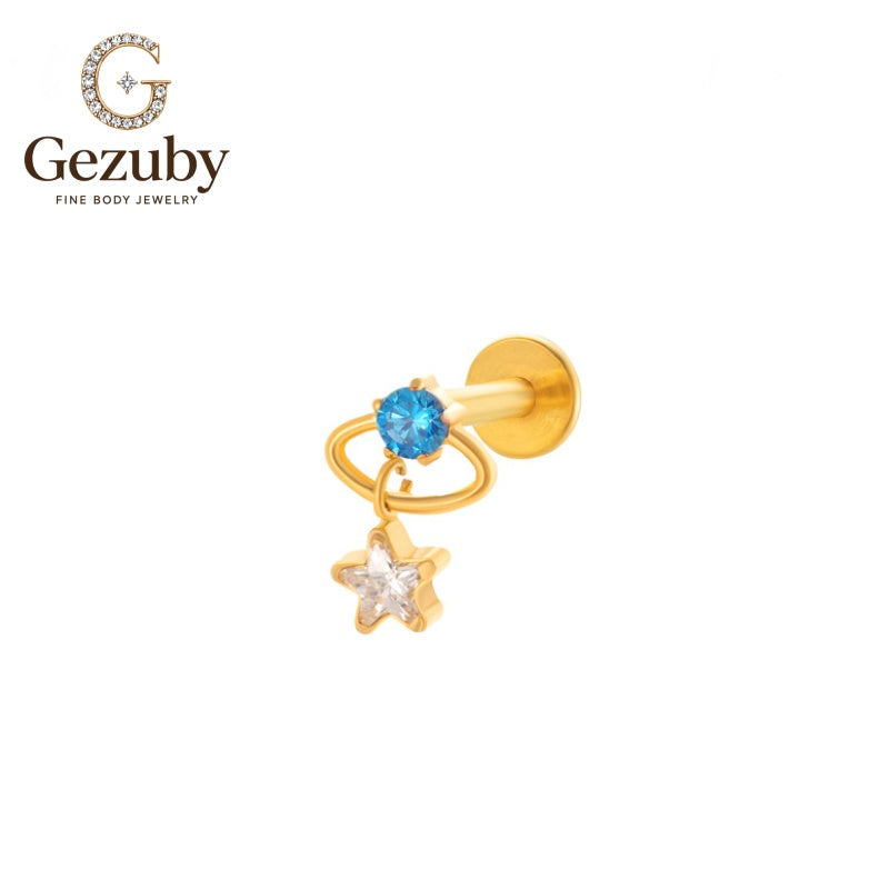 ASTM F136 Titanium Saturn Blue CZ Star Dangle Labret Stud Galaxy Internally Threaded Body Piercing Gold Silver Orbital Lobe