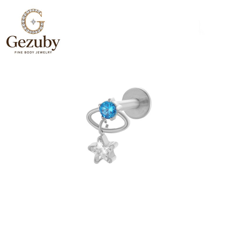 ASTM F136 Titanium Saturn Blue CZ Star Dangle Labret Stud Galaxy Internally Threaded Body Piercing Gold Silver Orbital Lobe