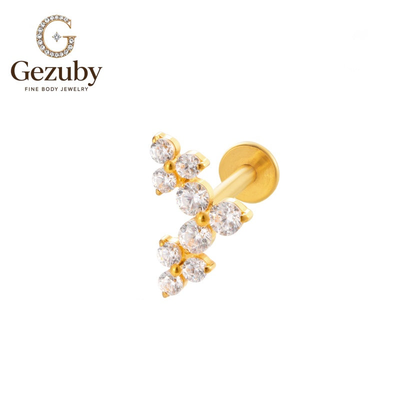 ASTM F136 Titanium Twin Flower Cluster CZ Labret Stud Arbor Threadless Body Piercing Gold Silver Tragus Stack