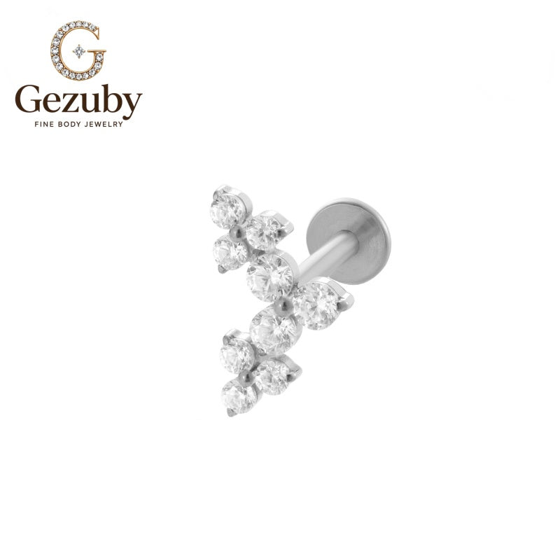 ASTM F136 Titanium Twin Flower Cluster CZ Labret Stud Arbor Threadless Body Piercing Gold Silver Tragus Stack