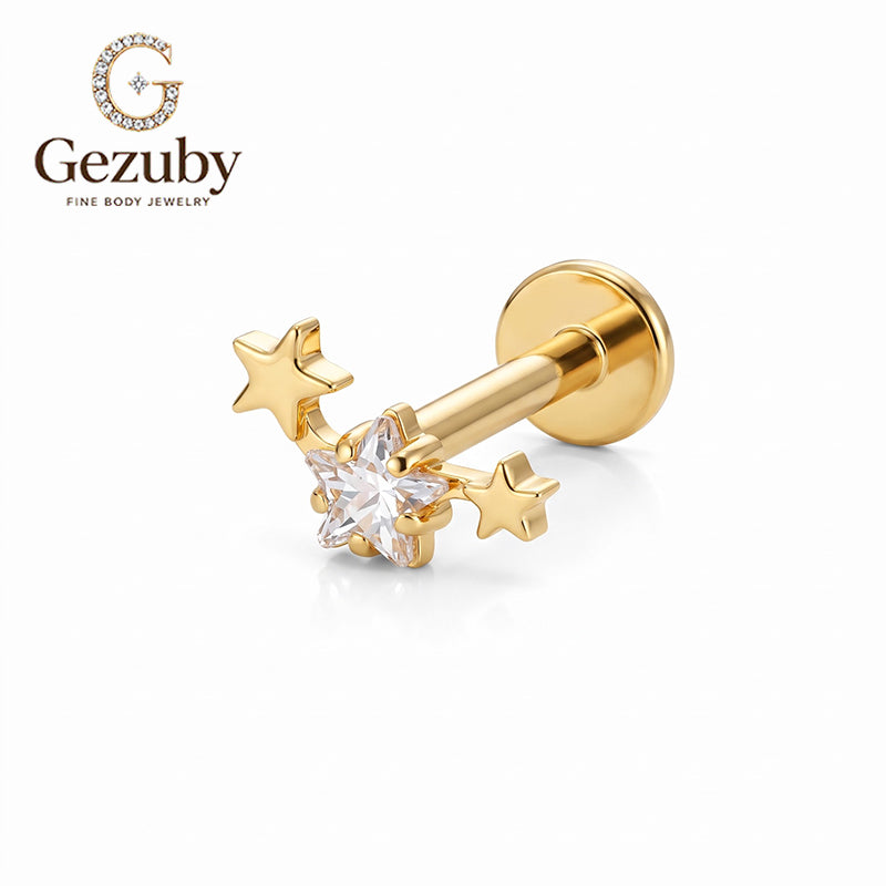 ASTM F136 Titanium Internally Threaded Labret Stud Star Cut Clear CZ Celestial Constellation Arc Cartilage Earring Hypoallergenic Gold Silver Helix Conch Tragus