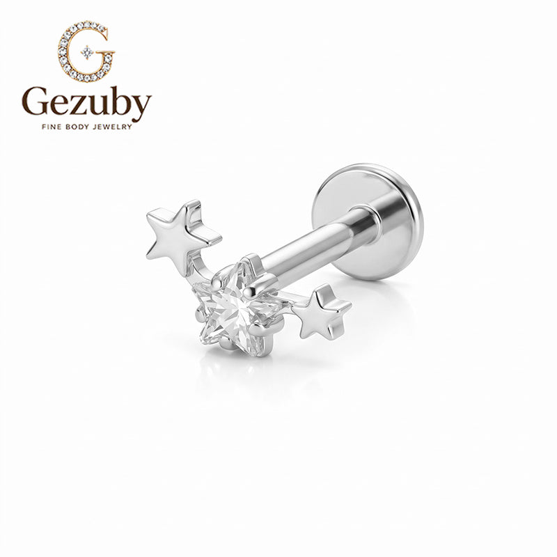 ASTM F136 Titanium Internally Threaded Labret Stud Star Cut Clear CZ Celestial Constellation Arc Cartilage Earring Hypoallergenic Gold Silver Helix Conch Tragus