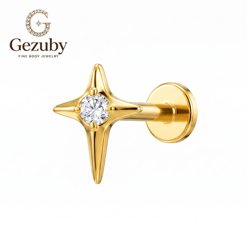 ASTM F136 Titanium Threadless Labret Stud Clear CZ North Star Cartilage Earring Hypoallergenic Gold Silver Conch Helix Flat