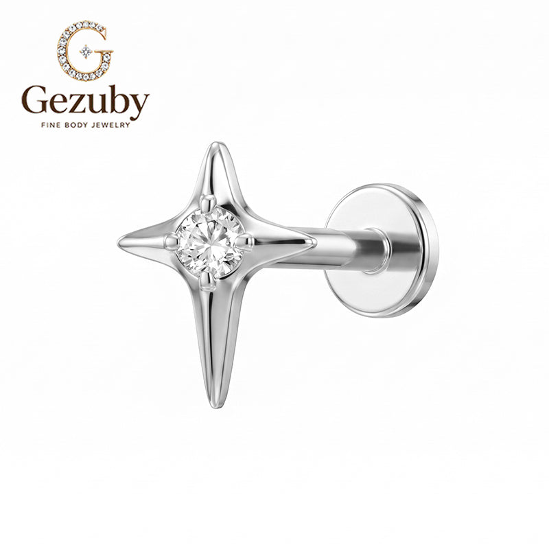 ASTM F136 Titanium Threadless Labret Stud Clear CZ North Star Cartilage Earring Hypoallergenic Gold Silver Conch Helix Flat