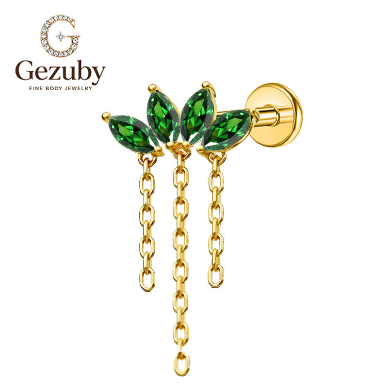 ASTM F136 Titanium Internally Threaded Labret Stud Emerald Green CZ Marquise Lotus Tassel Chain Dangle Cartilage Earring Hypoallergenic Helix Conch