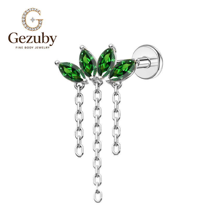 ASTM F136 Titanium Internally Threaded Labret Stud Emerald Green CZ Marquise Lotus Tassel Chain Dangle Cartilage Earring Hypoallergenic Helix Conch