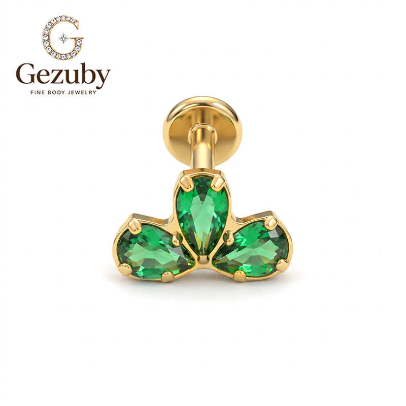 ASTM F136 Titanium Internally Threaded Labret Stud Emerald Green CZ Pear Cut Trinity Cluster Cartilage Earring Hypoallergenic Gold Silver Helix Conch Tragus