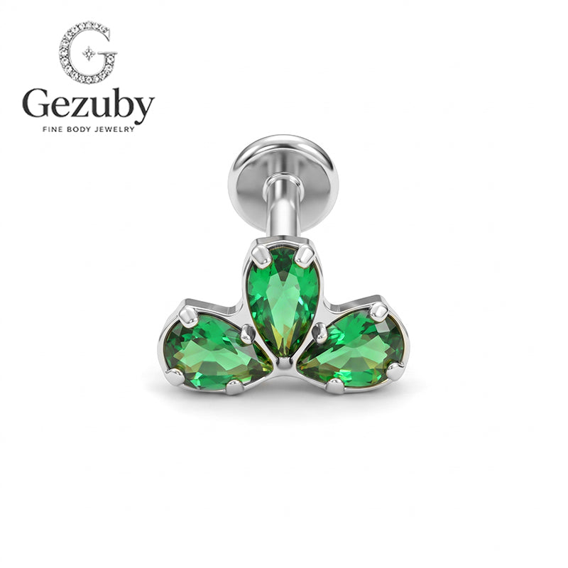 ASTM F136 Titanium Internally Threaded Labret Stud Emerald Green CZ Pear Cut Trinity Cluster Cartilage Earring Hypoallergenic Gold Silver Helix Conch Tragus