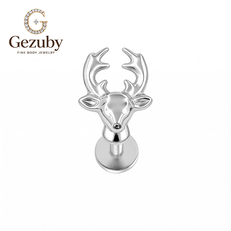 ASTM F136 Titanium Internally Threaded Labret Stud High Polish 3D Sculpted Deer Stag Antler Horn Cartilage Earring Hypoallergenic Gold Silver Helix Conch