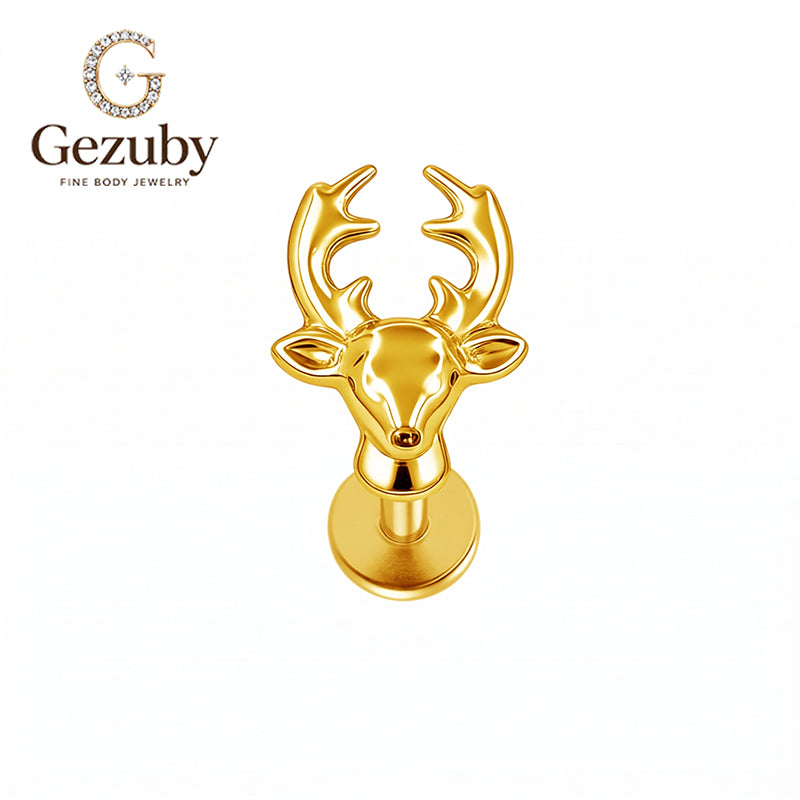 ASTM F136 Titanium Internally Threaded Labret Stud High Polish 3D Sculpted Deer Stag Antler Horn Cartilage Earring Hypoallergenic Gold Silver Helix Conch