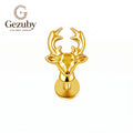 ASTM F136 Titanium Internally Threaded Labret Stud High Polish 3D Sculpted Deer Stag Antler Horn Cartilage Earring Hypoallergenic Gold Silver Helix Conch