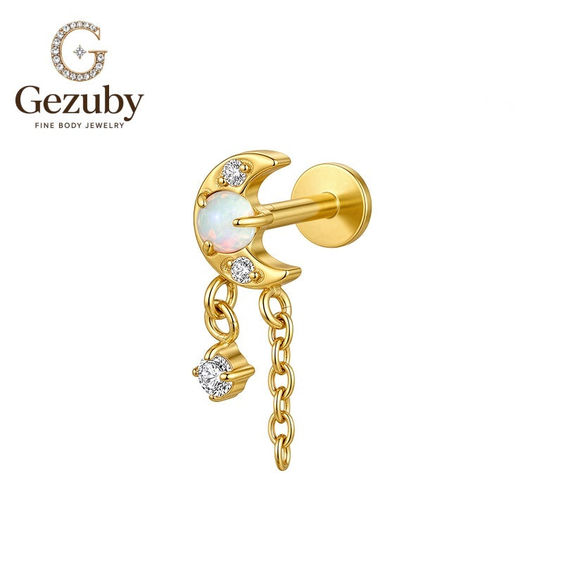 ASTM F136 Titanium Moon Opal Chain Dangle Labret Stud Nightfall Internally Threaded Body Piercing Gold Silver Daith