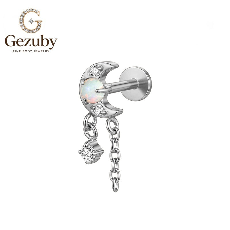 ASTM F136 Titanium Moon Opal Chain Dangle Labret Stud Nightfall Internally Threaded Body Piercing Gold Silver Daith