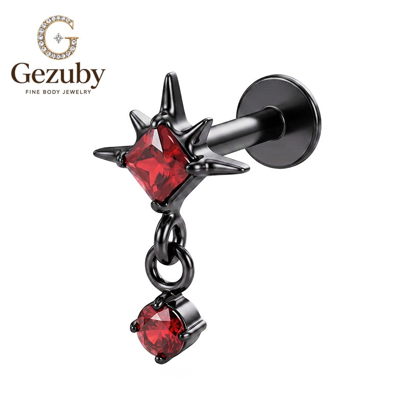 ASTM F136 Titanium Star CZ Dangle Labret Stud Astral Internally Threaded Body Piercing Black Red Flat Helix