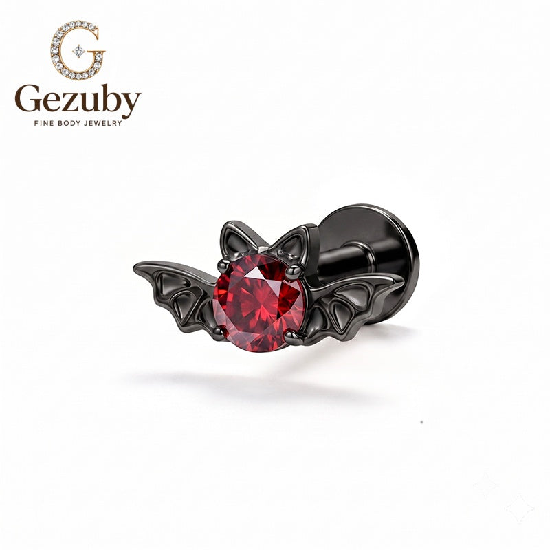 ASTM F136 Titanium Bat Wing CZ Labret Stud Nocturnal Internally Threaded Body Piercing Black Red Flat Helix